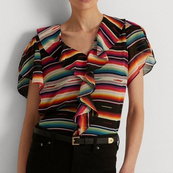 NWT Lauren Ralph Lauren Plus Size M Stripe Print Short Flutter Blouse Top - Picture 2 of 13